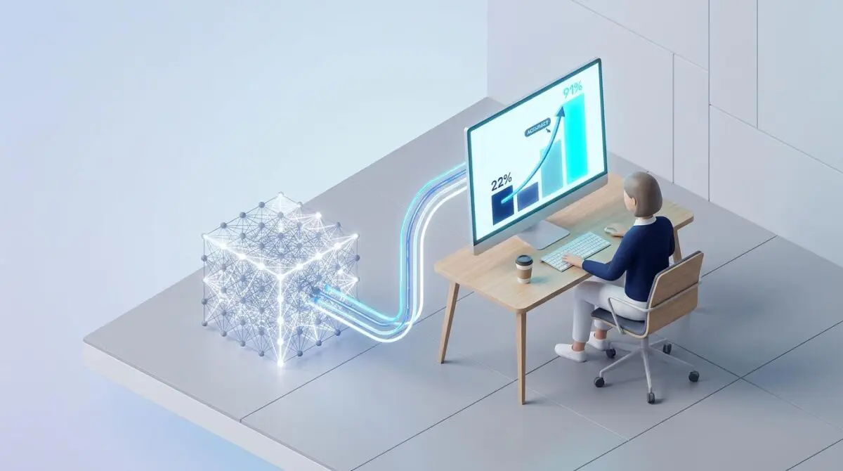 Isometric scene with person at desk, monitor displaying graph increasing from 22% to 91% accuracy, and neural network cube with glowing conduits