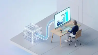 Isometric scene with person at desk, monitor displaying graph increasing from 22% to 91% accuracy, and neural network cube with glowing conduits