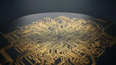 Semiconductor wafer with golden circuitry representing Nemotron 3 Ultra's 97% RTL accuracy and 71% token savings.