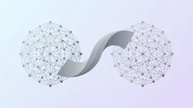Gray toggle flag merges two neural network nodes, representing equal speed transformation from Transformers to vLLM.