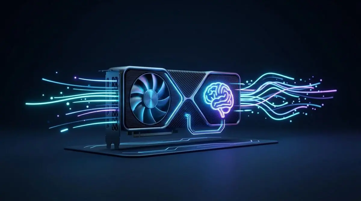 Next-gen GPU with cooling fan, neon brain icons, and light streaks representing local AI inference on a 24GB GPU.