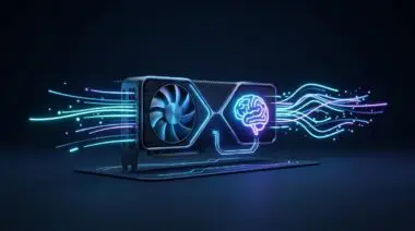 Next-gen GPU with cooling fan, neon brain icons, and light streaks representing local AI inference on a 24GB GPU.