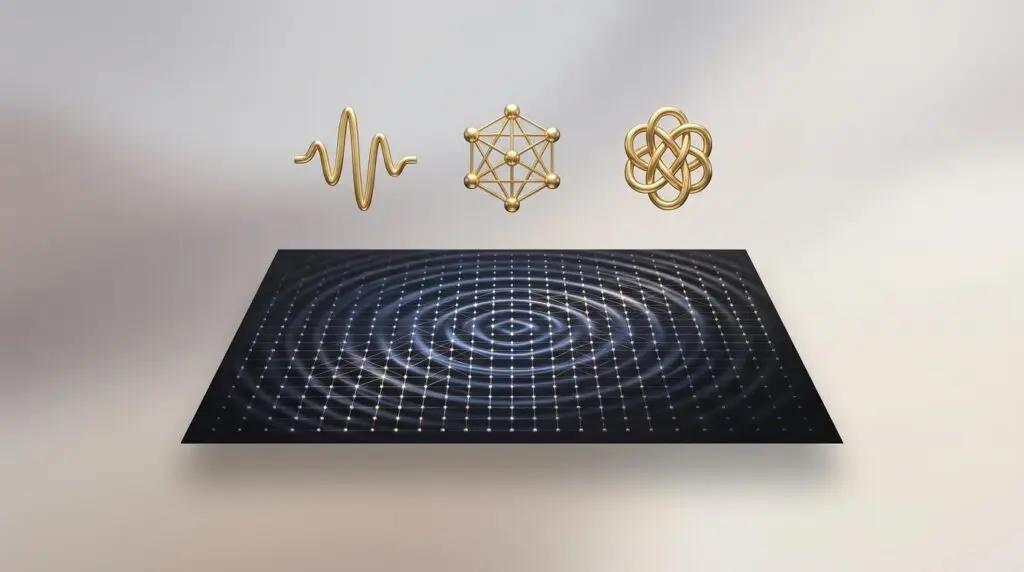 Dark 3D glowing node grid with gold waveform, network, and geometric knot icons for Nvidia's Ising decoder error correction.