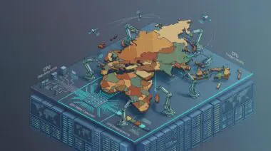 Continent puzzle assembled by robotic arms on pipeline map with global satellites, for OlmoEarth Platform geospatial AI.