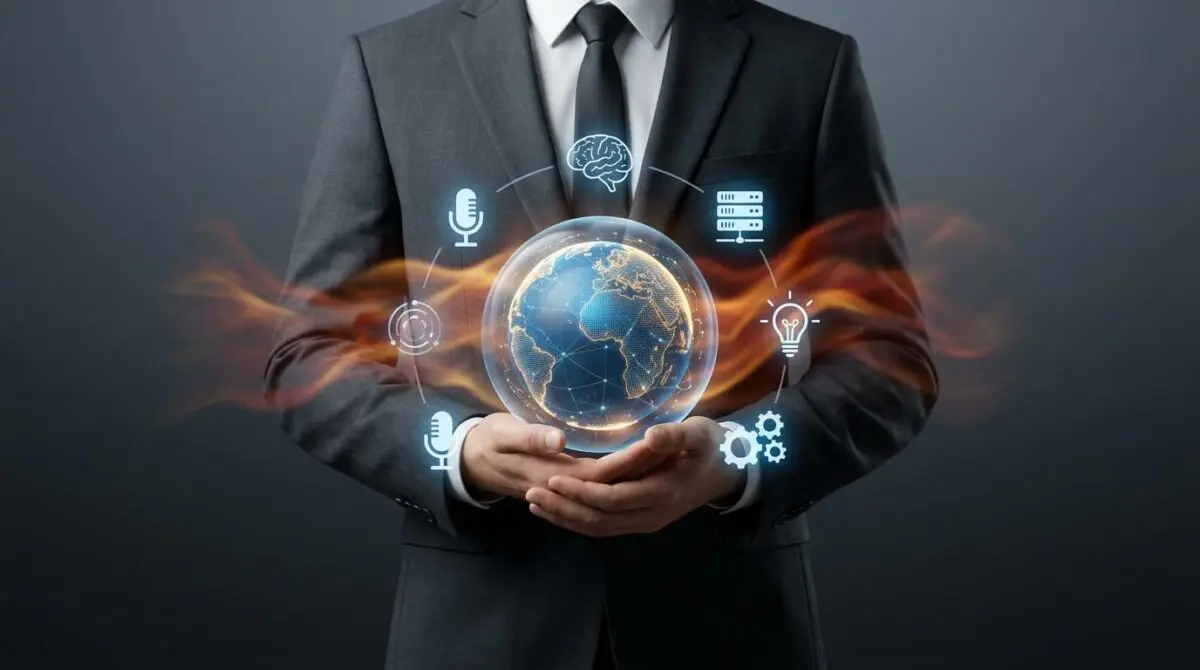 Dark suit person holds glowing sphere with digital AI globe, holographic icons (microphone, brain, server, lightbulb, gears), fiery energy, open-weight AI dominance.