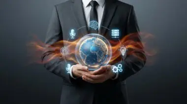 Dark suit person holds glowing sphere with digital AI globe, holographic icons (microphone, brain, server, lightbulb, gears), fiery energy, open-weight AI dominance.