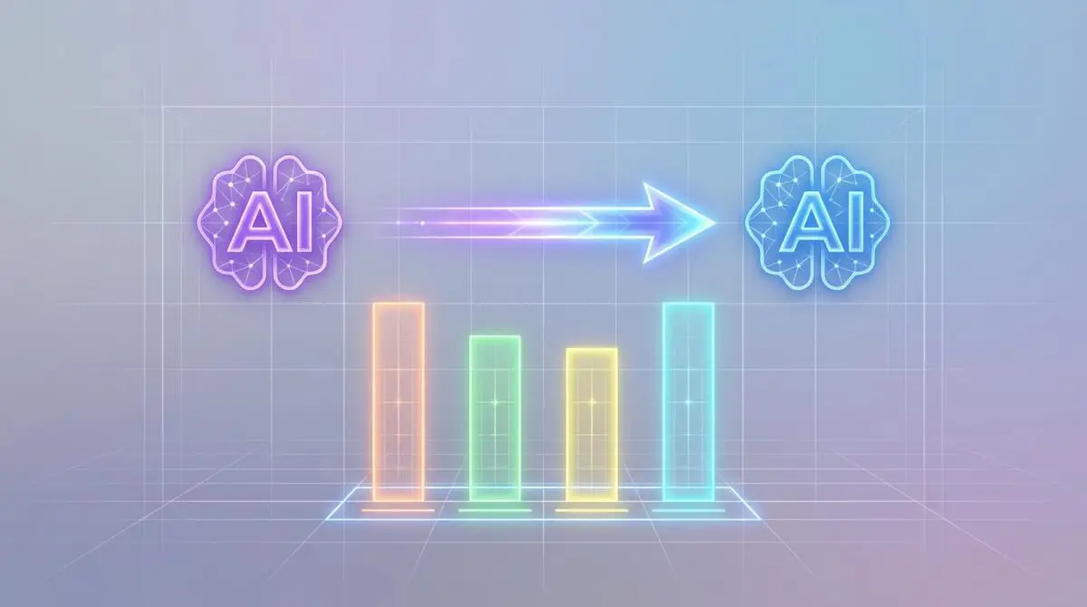 OpenAI's AI scorecard as hologram with four glowing bars, two AI symbols in purple and blue, and central arrow on grid background.