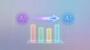 OpenAI's AI scorecard as hologram with four glowing bars, two AI symbols in purple and blue, and central arrow on grid background.