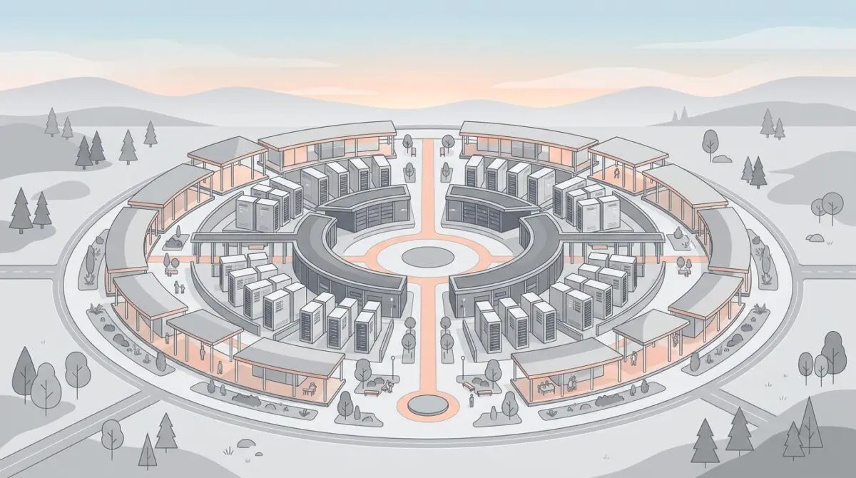 Isometric view of an AI campus in Georgia featuring circular community pavilions and server racks, soft peach and gray tones
