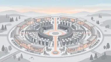 Isometric view of an AI campus in Georgia featuring circular community pavilions and server racks, soft peach and gray tones