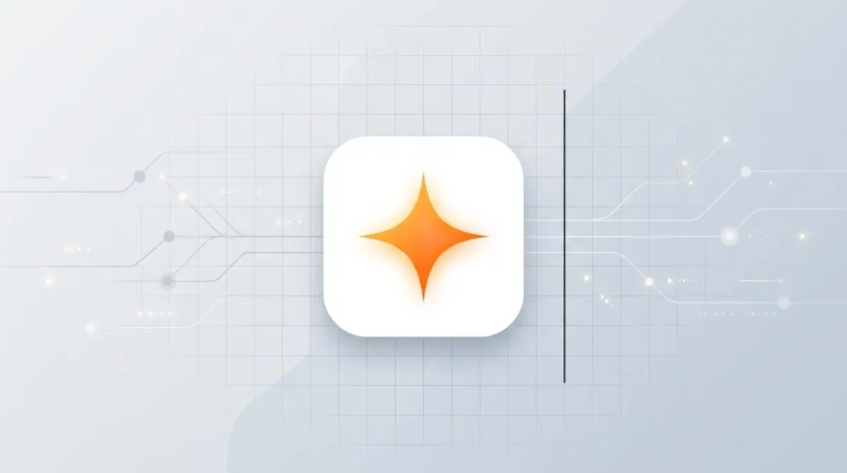 Orange Google Gemini spark icon inside rounded white square on pastel grid, symbolizing AI agent automation revolution.