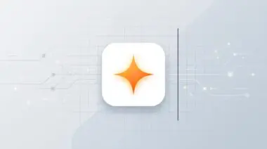 Orange Google Gemini spark icon inside rounded white square on pastel grid, symbolizing AI agent automation revolution.