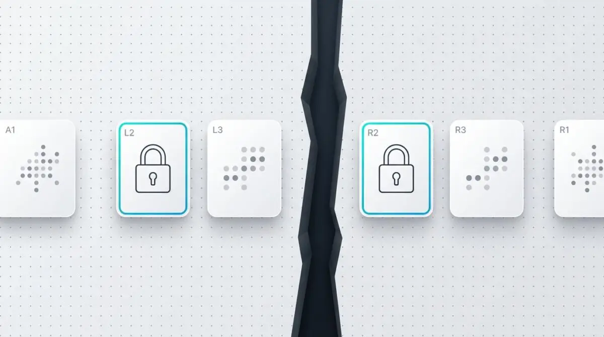 UI mockup with floating cards on dotted grid, two central padlock cards separated by chasm, representing enterprise AI orchestration challenges