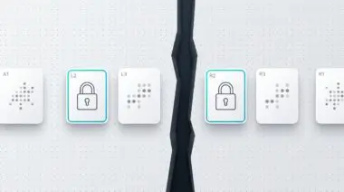 UI mockup with floating cards on dotted grid, two central padlock cards separated by chasm, representing enterprise AI orchestration challenges