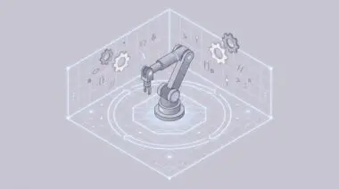 Isometric robotic arm in glowing digital grid with floating gear and code symbols representing open-source physical AI simulation for robotics training.