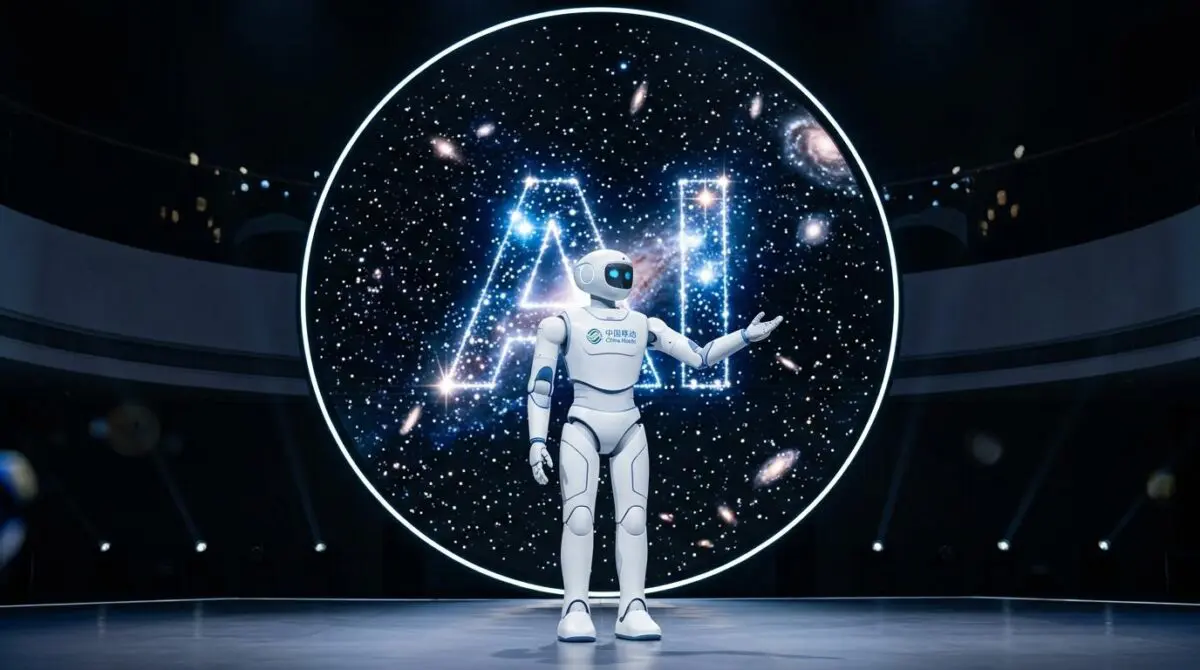 Humanoid robot with China Mobile logo before a glowing circular display of stars and AI, gesturing right hand - Qiushi Engine.