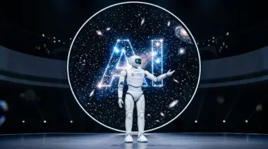 Humanoid robot with China Mobile logo before a glowing circular display of stars and AI, gesturing right hand - Qiushi Engine.