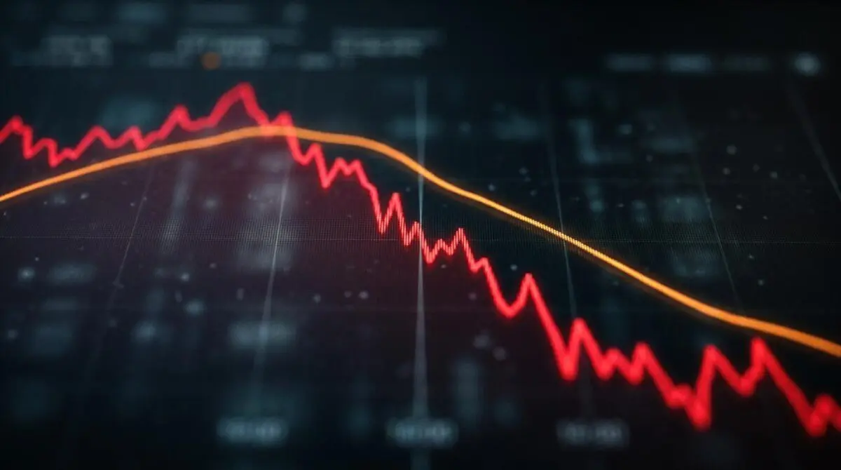 Sharp red downward line on stock chart indicating 16% drop in DeepSeek quant fund, orange moving average line, shallow depth of field.