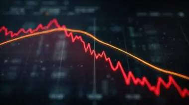 Sharp red downward line on stock chart indicating 16% drop in DeepSeek quant fund, orange moving average line, shallow depth of field.