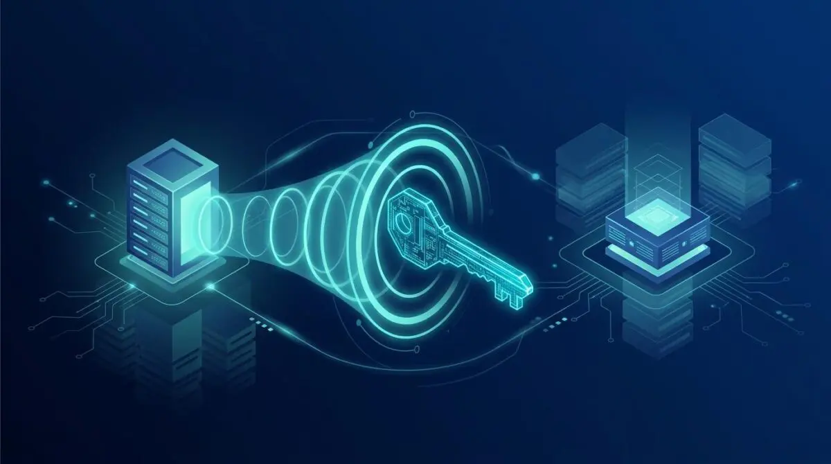 Quantum-safe mutual TLS handshake between Cloudflare edge and origin server, glowing certificate and key exchange through concentric rings in deep blue and teal network.