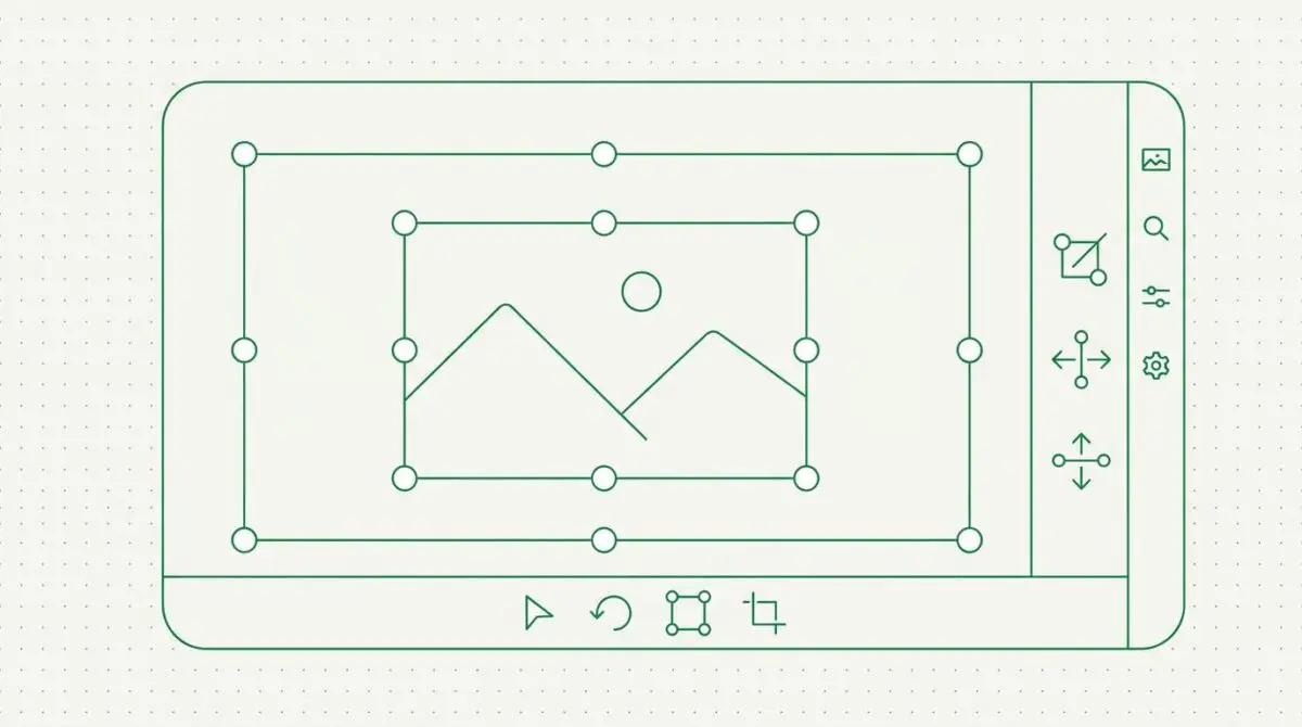 Resizable WordPress editor UI mockup with precision cropping and icon flipping tools, pill-shaped outline, thin green lines, white circular nodes on dot grid background, modern graphic design.