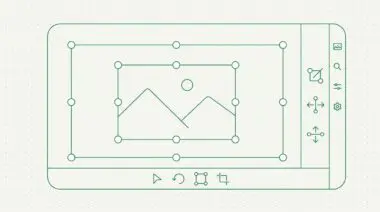 Resizable WordPress editor UI mockup with precision cropping and icon flipping tools, pill-shaped outline, thin green lines, white circular nodes on dot grid background, modern graphic design.