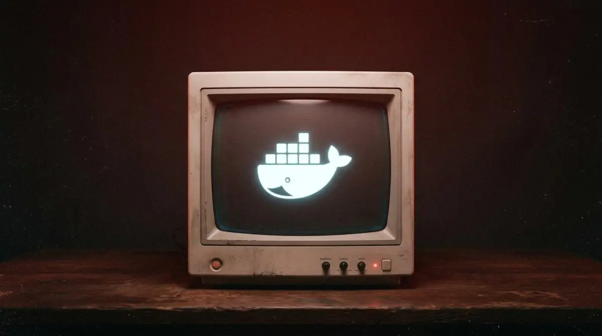Vintage CRT monitor shows Docker whale logo with film grain and red gradient, representing DeepSeek V4 and Qwen 3.8 challenging frontier AI