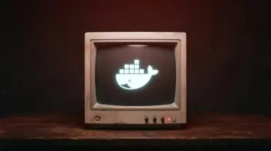 Vintage CRT monitor shows Docker whale logo with film grain and red gradient, representing DeepSeek V4 and Qwen 3.8 challenging frontier AI