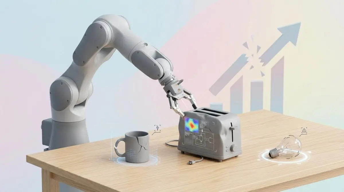 High-angle 3D rendered robotic arm diagnosing failure modes on household objects on wooden table, representing RoboLab benchmark.