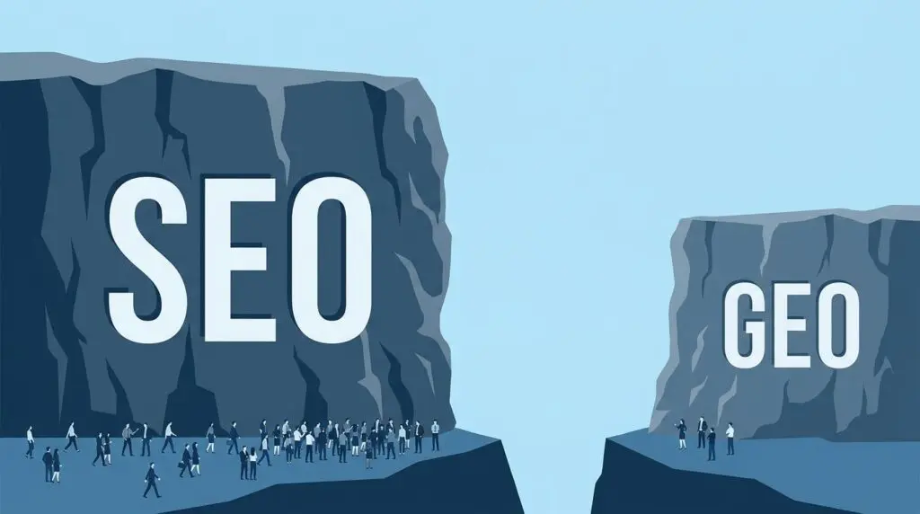 Two cliffs, left larger with SEO engraving, right smaller with GEO, symbolizing 81% marketer adoption gap.