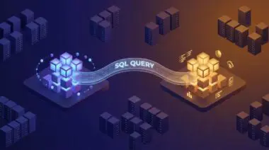 Glowing SQL query bridging operational database and cloud billing table, merging ops and analytics in indigo and amber.