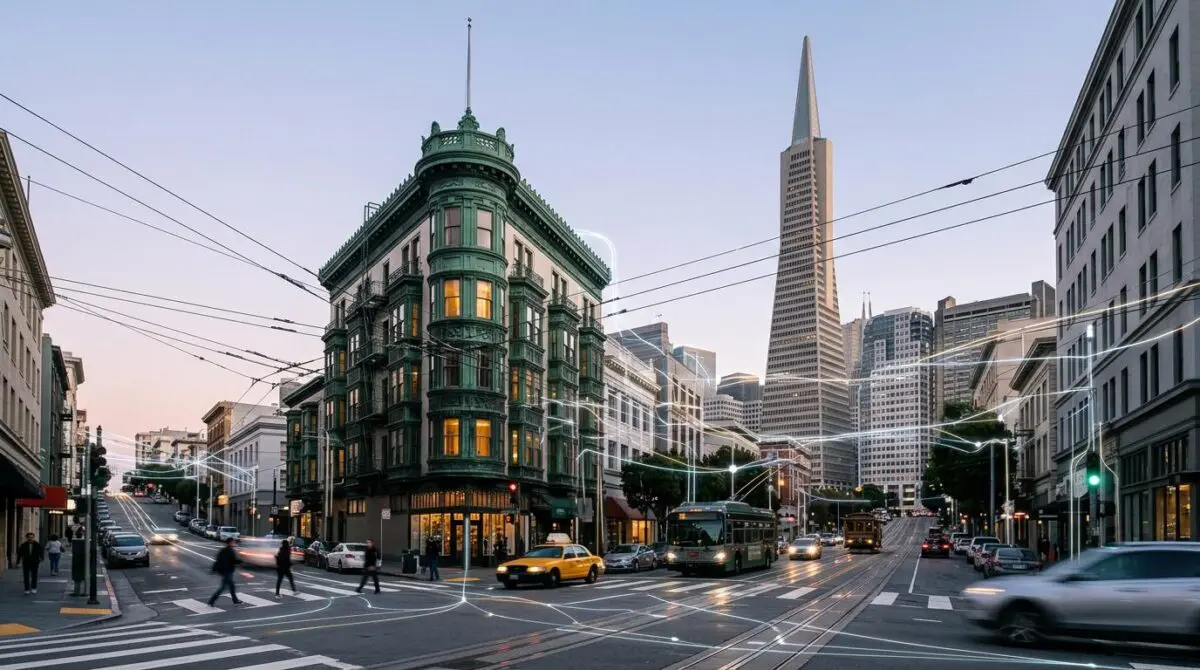 San Francisco intersection with Transamerica Pyramid and green building, glowing data lines overlay representing NVIDIA Cosmos 3 AI training.