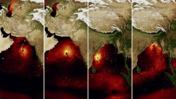 Satellite sequence showing heat anomalies or storm progression in the Arabian Sea and Bay of Bengal.
