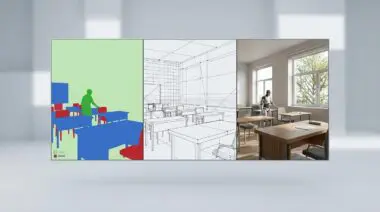 Segmentation map to wireframe depth to photorealistic 3D classroom, NVIDIA's RTX sensor simulation for physical AI.