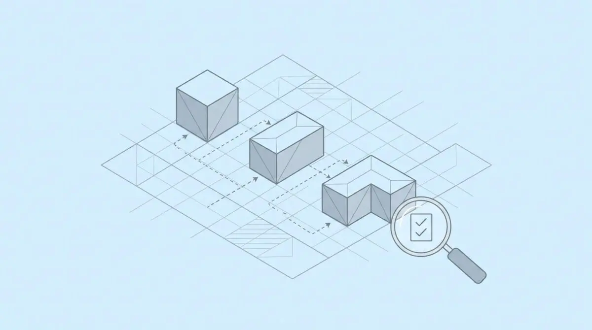 Isometric blueprint of three modular agent components linked by dashed lines, magnifying glass over checklist icon, representing Shippy AI agent architecture.