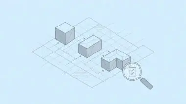 Isometric blueprint of three modular agent components linked by dashed lines, magnifying glass over checklist icon, representing Shippy AI agent architecture.