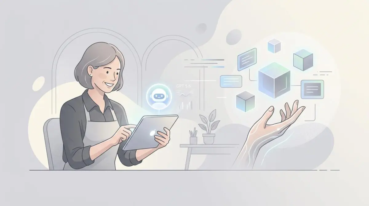 Small business owner using tablet with glowing AI icon and GPT-5.6, hand reaching for training module, pastel gray.