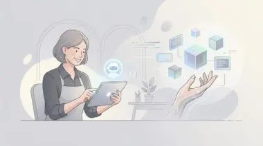 Small business owner using tablet with glowing AI icon and GPT-5.6, hand reaching for training module, pastel gray.