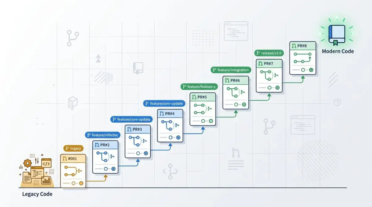 Staircase of stacked sessions PR cards from legacy to modern code with dependencies, representing orderly PR chains.