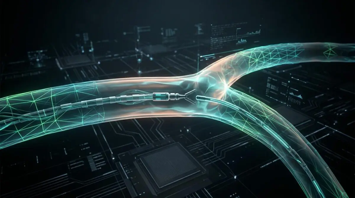 Teal and neon green glowing mesh surgical instrument inside translucent vessel with catheter, GPU matrix overlays, parallel simulation grids in NVIDIA GPU physics engine training.