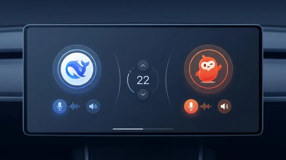 Tesla touchscreen UI with DeepSeek and Doubao dual AI interface in Chinese, voice controls, climate at 22 degrees