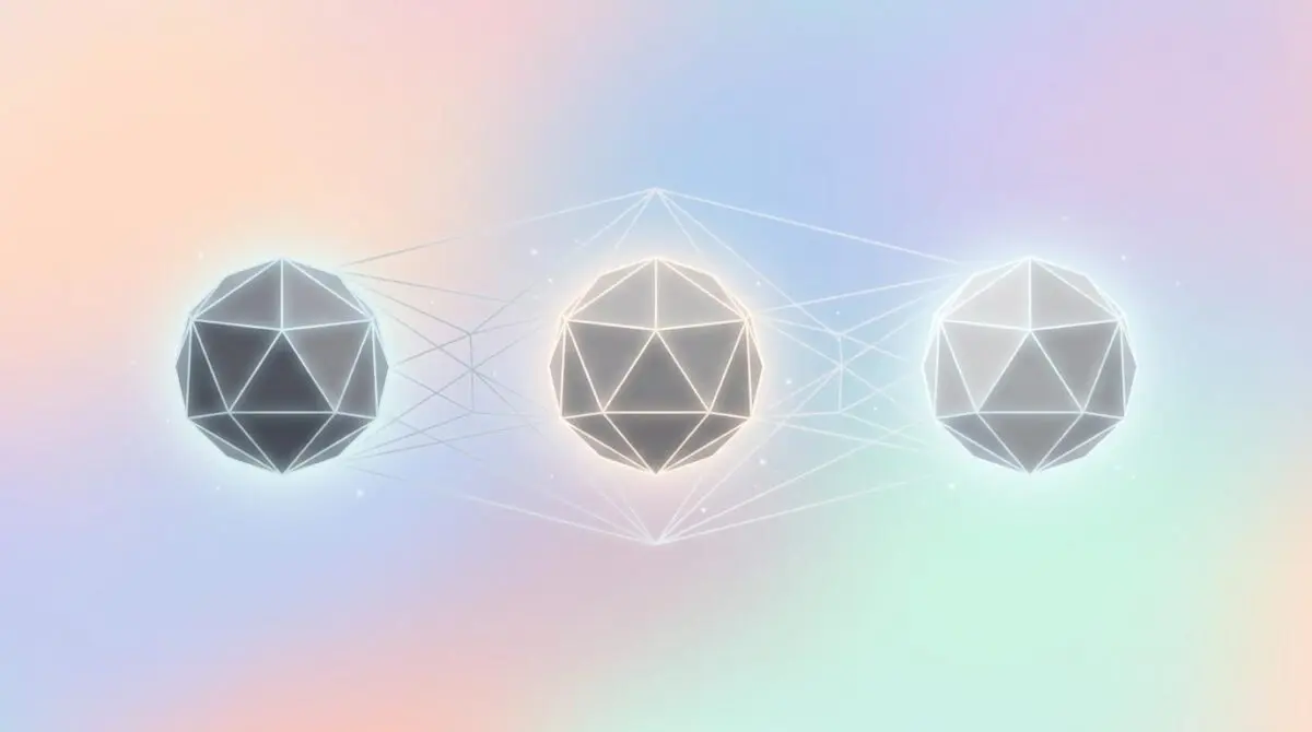 Three glowing gray orbs connected by thin lines floating on pastel, symbolizing MoE models like Kimi K3, DeepSeek V4 Pro, GLM-5.2.