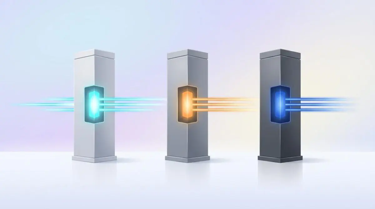 Three gray geometric pillars with glowing cores connected by light beams, representing speed, cost, and security boosts for Google's Gemini 3.6 Flash, Flash-Lite, and Cyber AI agents.