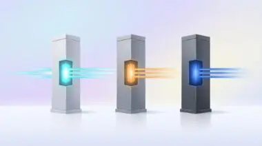 Three gray geometric pillars with glowing cores connected by light beams, representing speed, cost, and security boosts for Google's Gemini 3.6 Flash, Flash-Lite, and Cyber AI agents.