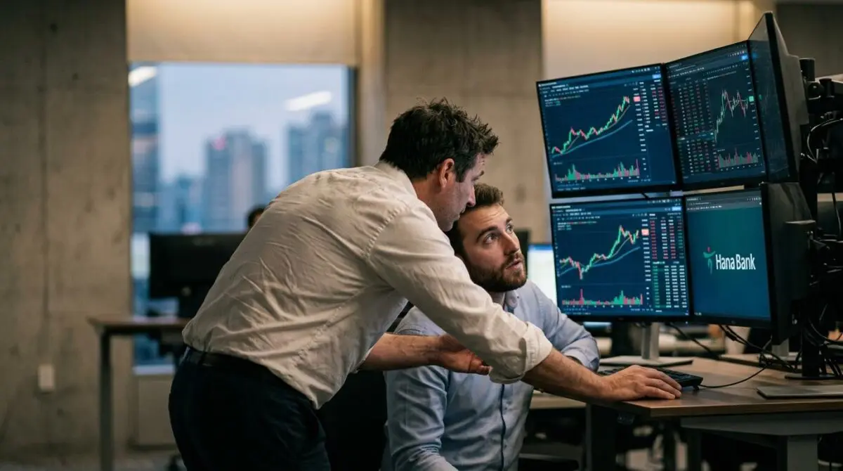 Traders in financial room focusing on stock charts with Hana Bank logo, representing Moonshot's Kimi K3 AI challenging US giants.