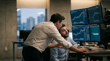 Traders in financial room focusing on stock charts with Hana Bank logo, representing Moonshot's Kimi K3 AI challenging US giants.