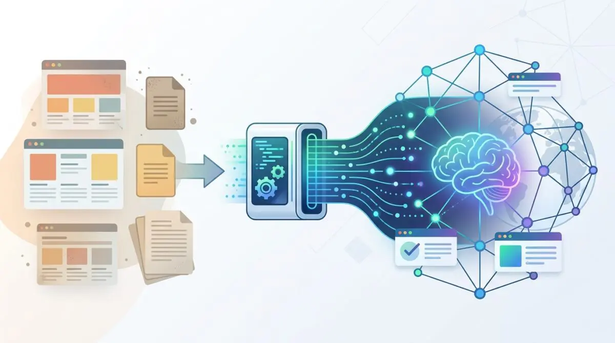 Diagram showing traditional web documents transformed through AI processing into an optimized neural search network.