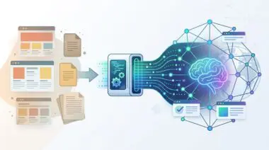Diagram showing traditional web documents transformed through AI processing into an optimized neural search network.