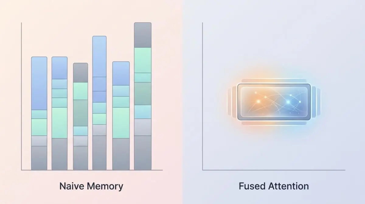 Side-by-side attention profiles: left naive memory copy blocks, right compact fused attention with hidden complexity, for PyTorch backend.