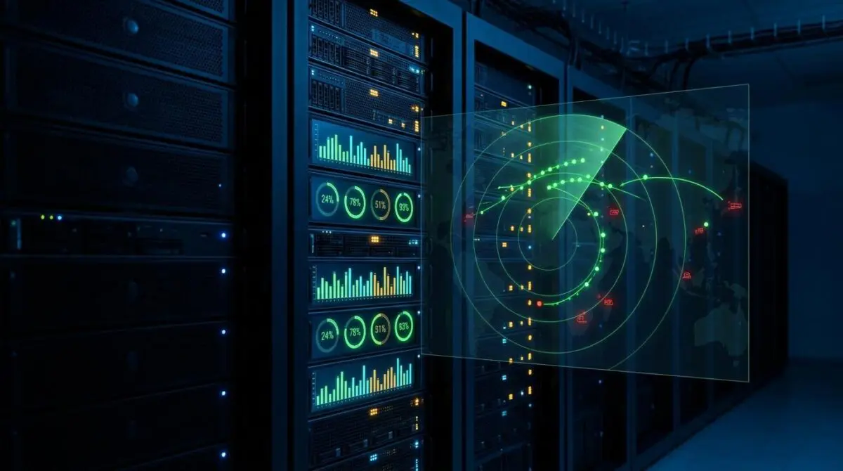 Row of GPU servers in a dim data center, some dark idle and others brightly lit active, with digital overlay of utilization percentages and a radar screen showing green flight paths and red grounded blips.